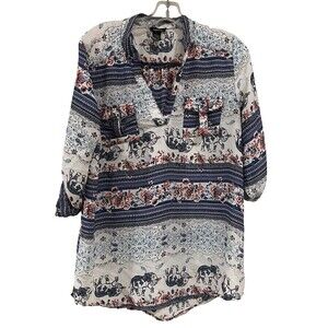 Rue 21 Women's Large Boho Paisley Floral Elephant Print Tunic Blouse Tab Sleeve